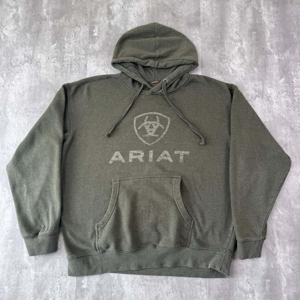 Ariat Hoodie Mens L‎ Green Rough Grain Logo Sleeve Western Workwear Pullover